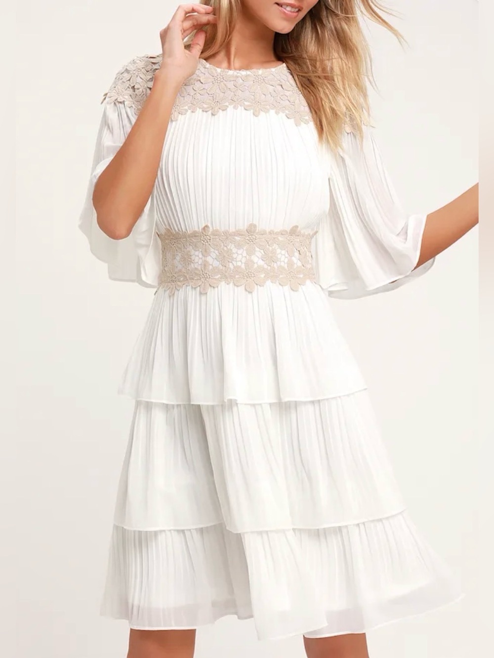 Lulus Westwind White lace pleated dress, large